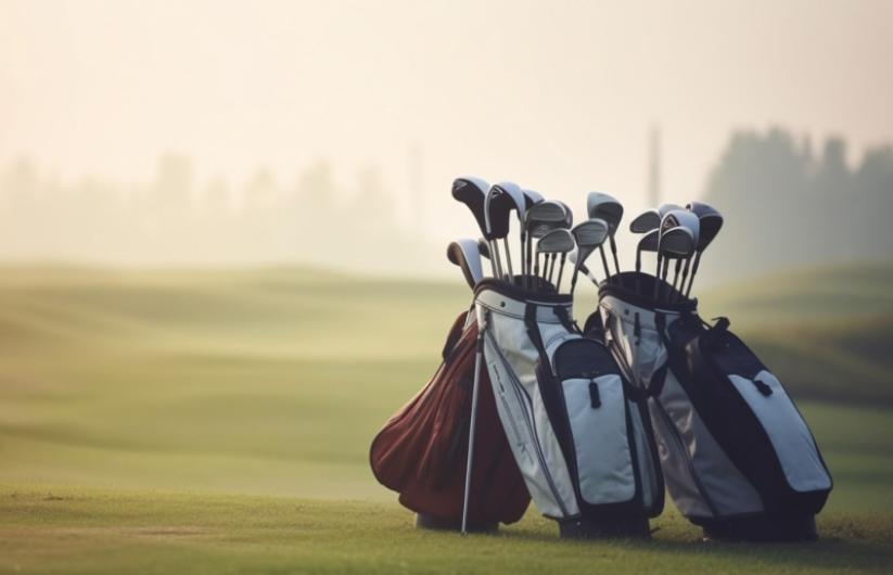 Golf clubs in golf bags on a golf course, ready for play, with a blurred background of trees and sky.