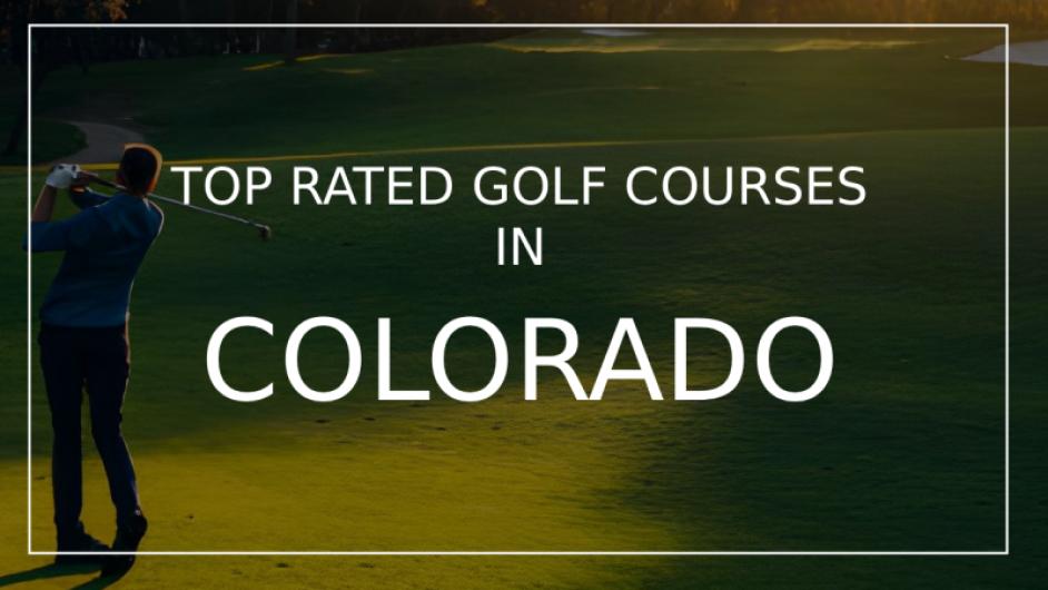 A golfer swings a club on a lush green golf course with trees and a sunset in the background, highlighting Colorado's top golf courses.