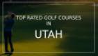 A golfer swings a club on a lush green golf course with trees and a sunset in the background, highlighting Utah's top-rated golf courses.