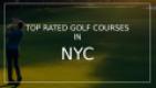 Golfer swinging club on lush, sunlit course with text: "Top Rated Golf Courses in NYC." Perfect for golf enthusiasts.